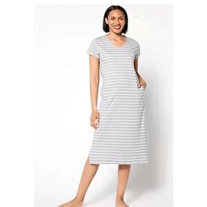 MUK LUKS Womens Medium Cotton Jersey Lounge Midi Dress Gray Stripe Pockets NWT )